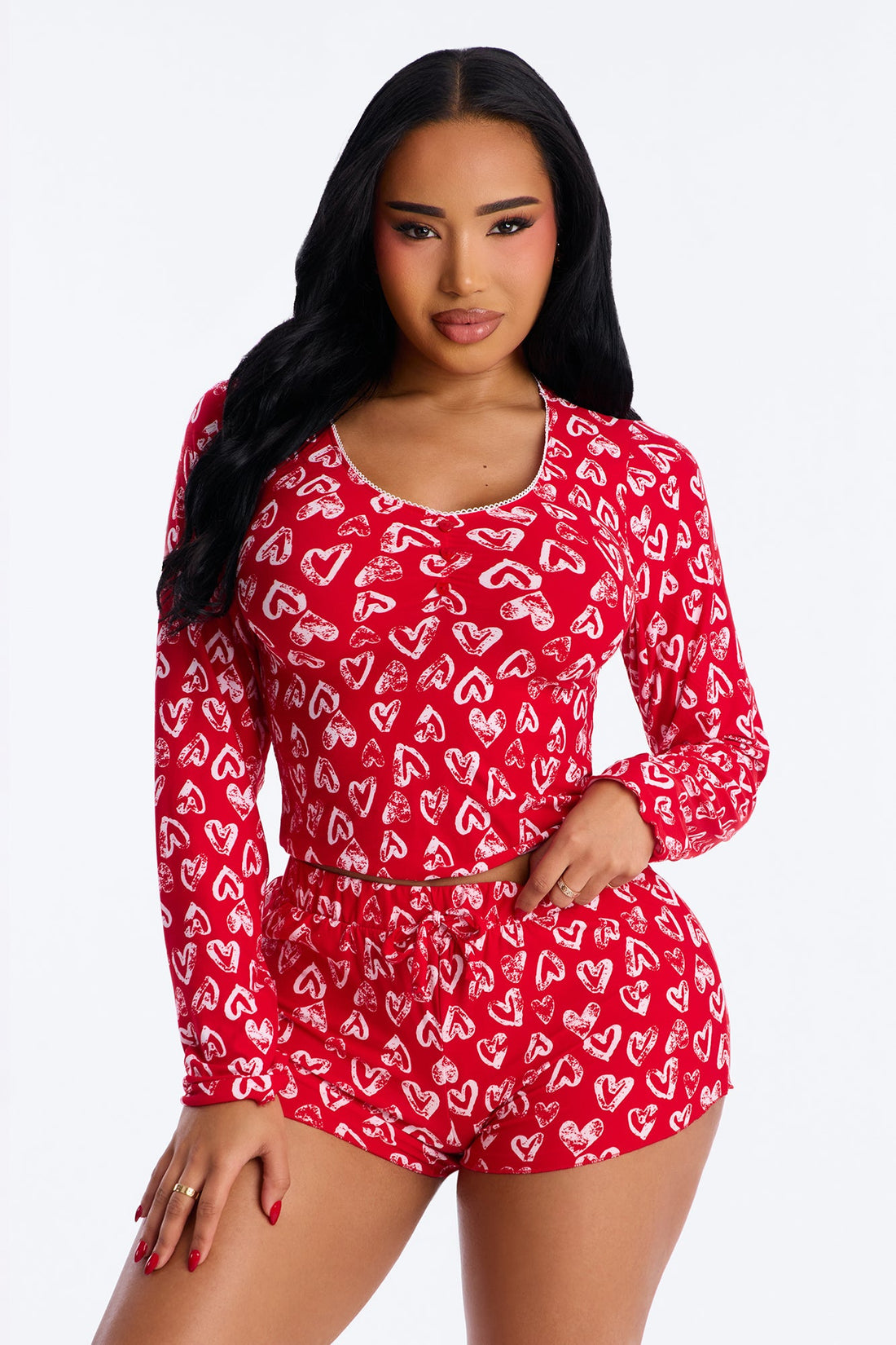 Love Everywhere Long Sleeve PJ Short Set - Red/White