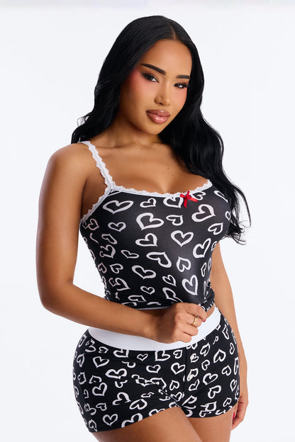 Give You My Heart Cami PJ Boxer Short Set - Black/White