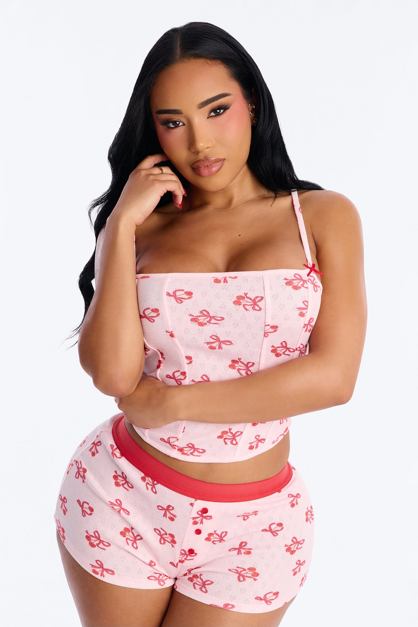 Very Cherry Pointelle Corset Boyshort 2 Piece Set - Pink/combo