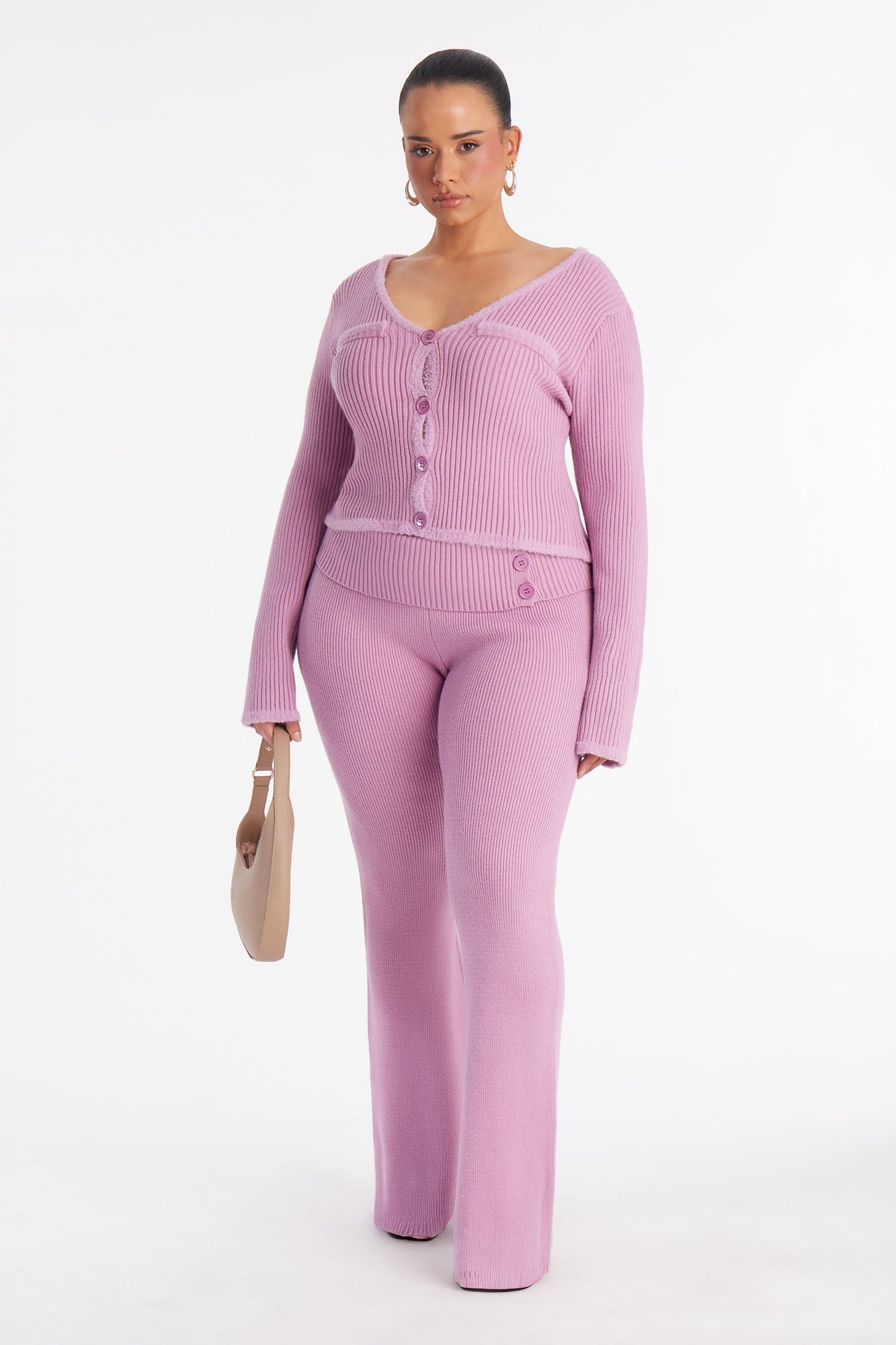 So Sweet Foldover Waist Flare Leg Pant Set - Lavender