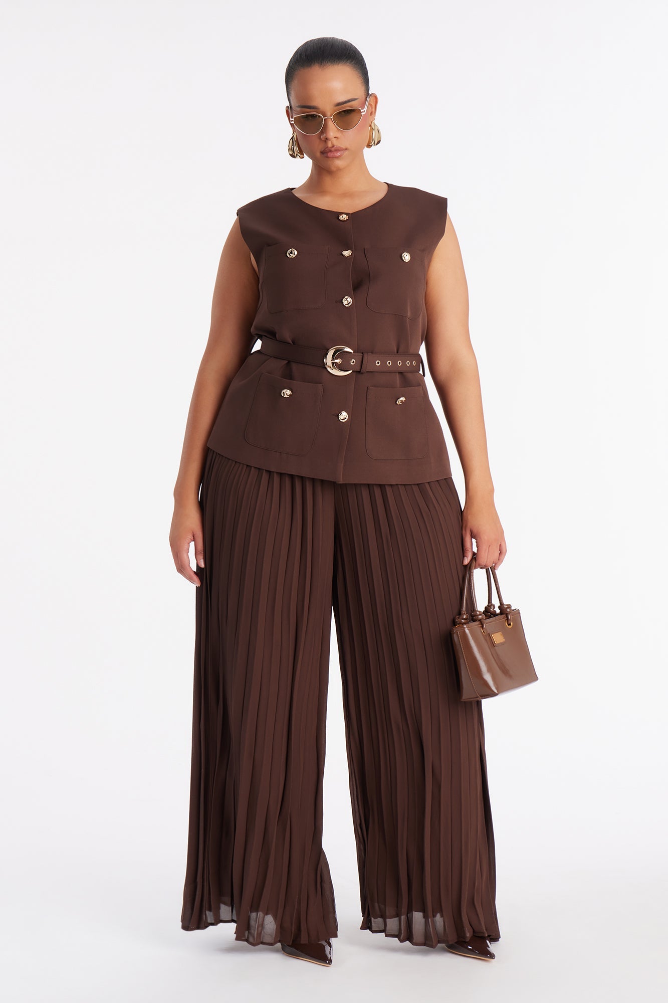 Grace Belted Vest Pant Set - Chocolate