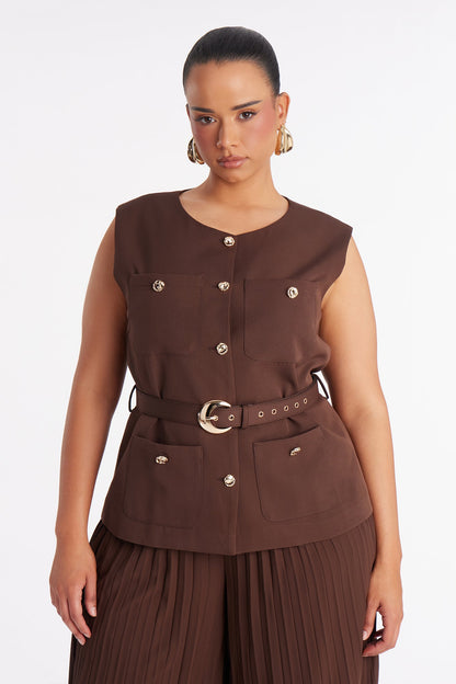 Grace Belted Vest Pant Set - Chocolate