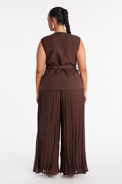 Grace Belted Vest Pant Set - Chocolate