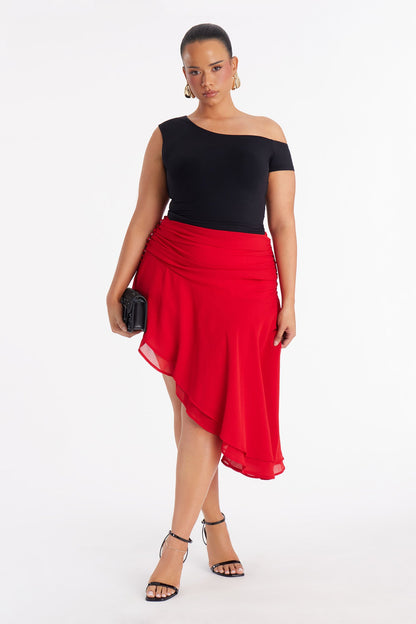 Analisa Asymmetric Ruched Midi Skirt - Red
