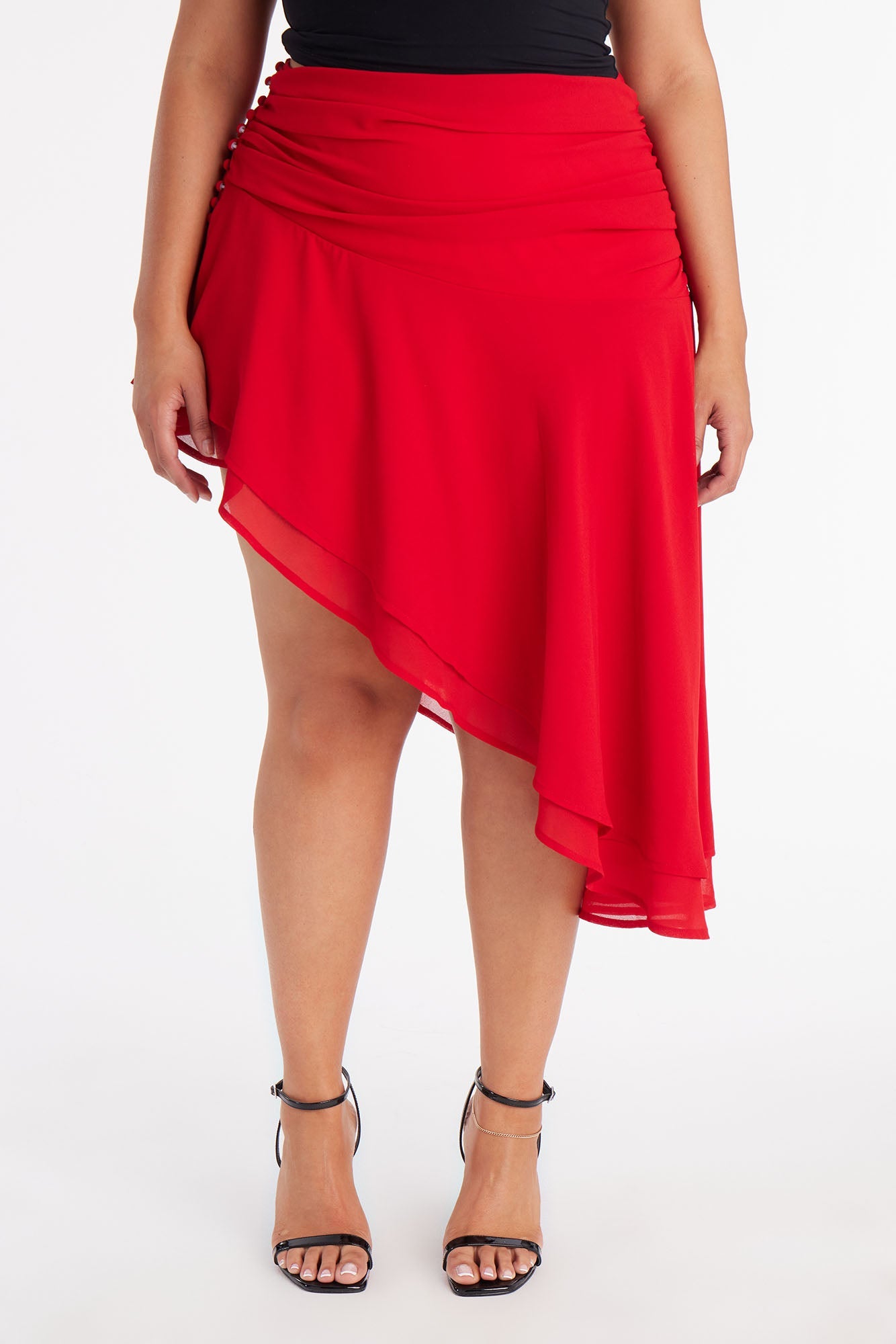 Analisa Asymmetric Ruched Midi Skirt - Red