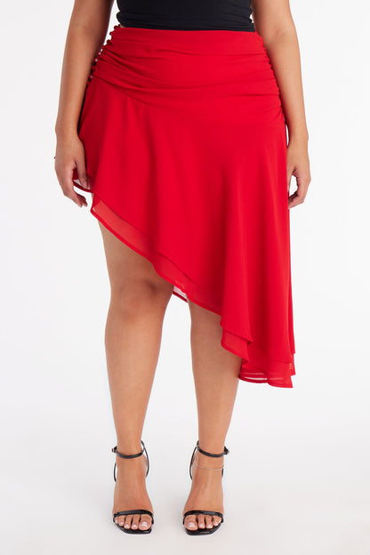 Analisa Asymmetric Ruched Midi Skirt - Red