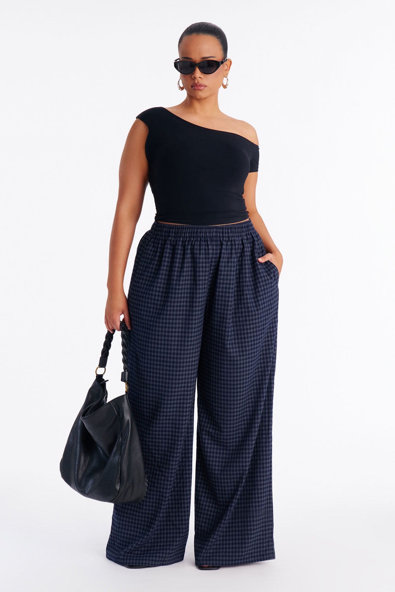 Clover Gingham Boxer Wide Leg Pant 33″ - Navy