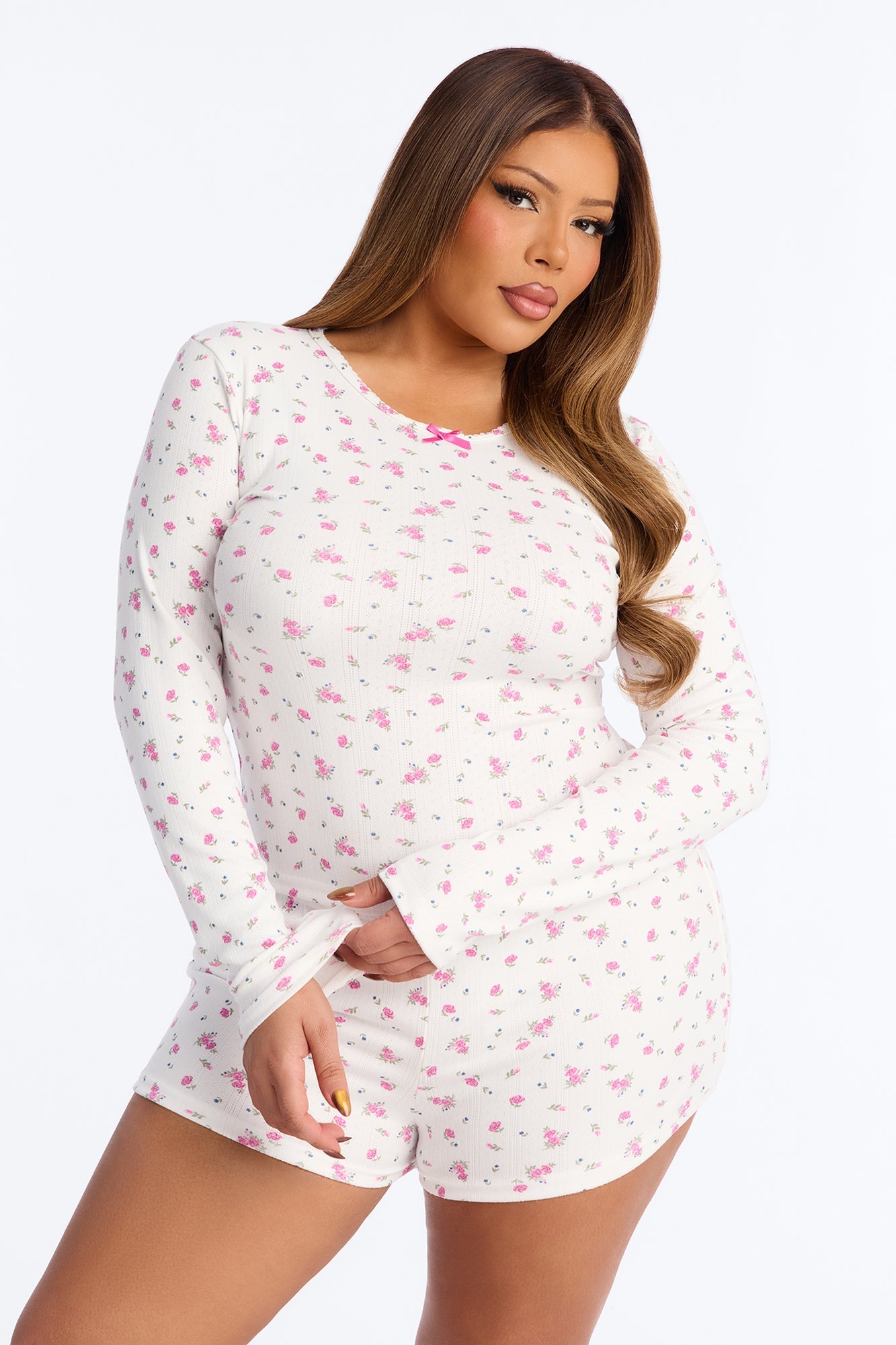 Dreamy Flowers Pointelle Long Sleeve PJ Short Set - White/Pink