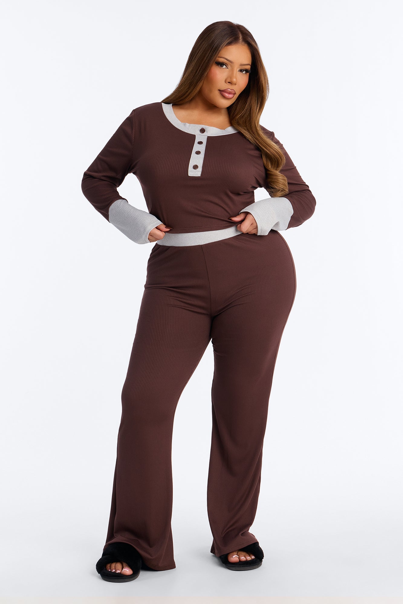 Still Napping Ribbed Long Sleeve PJ Pant Set - Chocolate