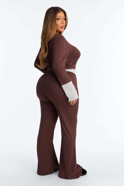 Still Napping Ribbed Long Sleeve PJ Pant Set - Chocolate