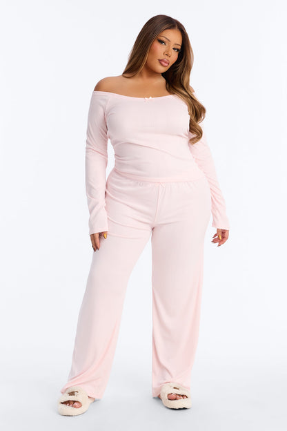 Romance Dreams Off Shoulder Pointelle PJ Pant Set - Light Pink