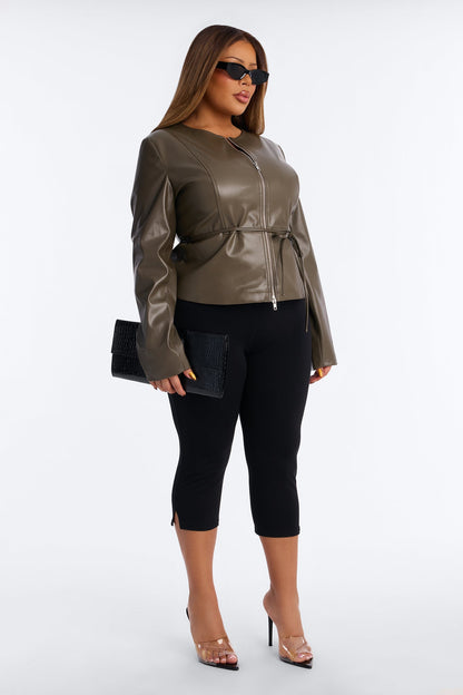 Too Fierce Faux Leather Peplum Jacket - Dark Olive