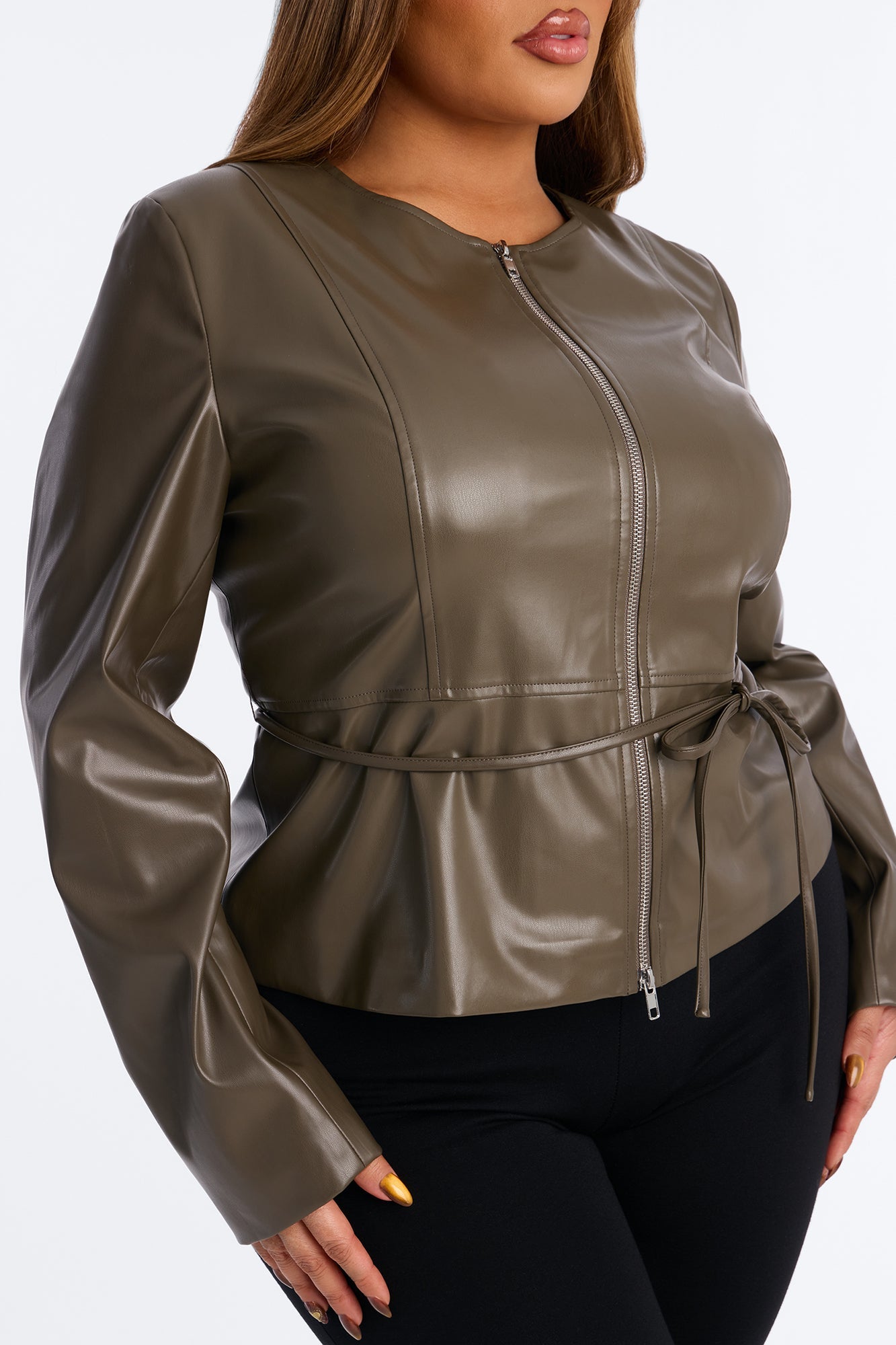 Too Fierce Faux Leather Peplum Jacket - Dark Olive