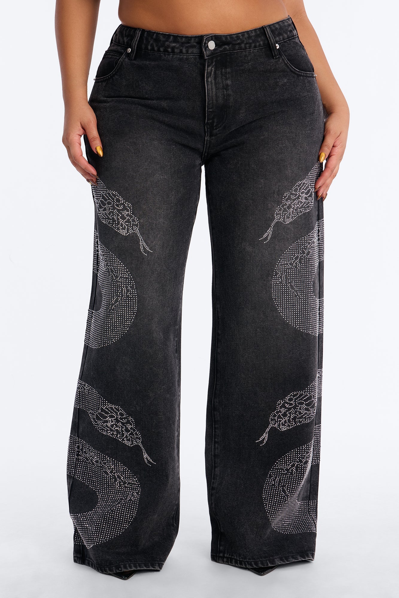 Westside Snake Embellished Low Rise Wide Leg Jean - Black Wash