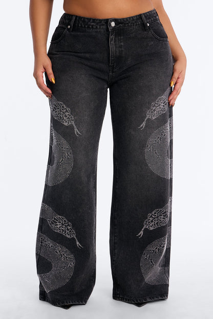 Westside Snake Embellished Low Rise Wide Leg Jean - Black Wash