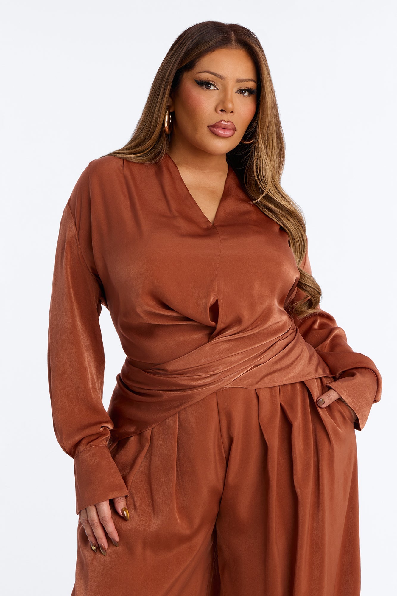 Into You Satin Pant Set - Rust