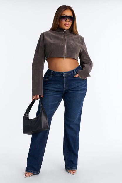 Blake Cropped Faux Suede Moto Jacket - Grey