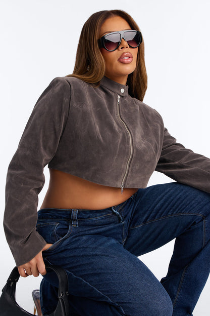 Blake Cropped Faux Suede Moto Jacket - Grey