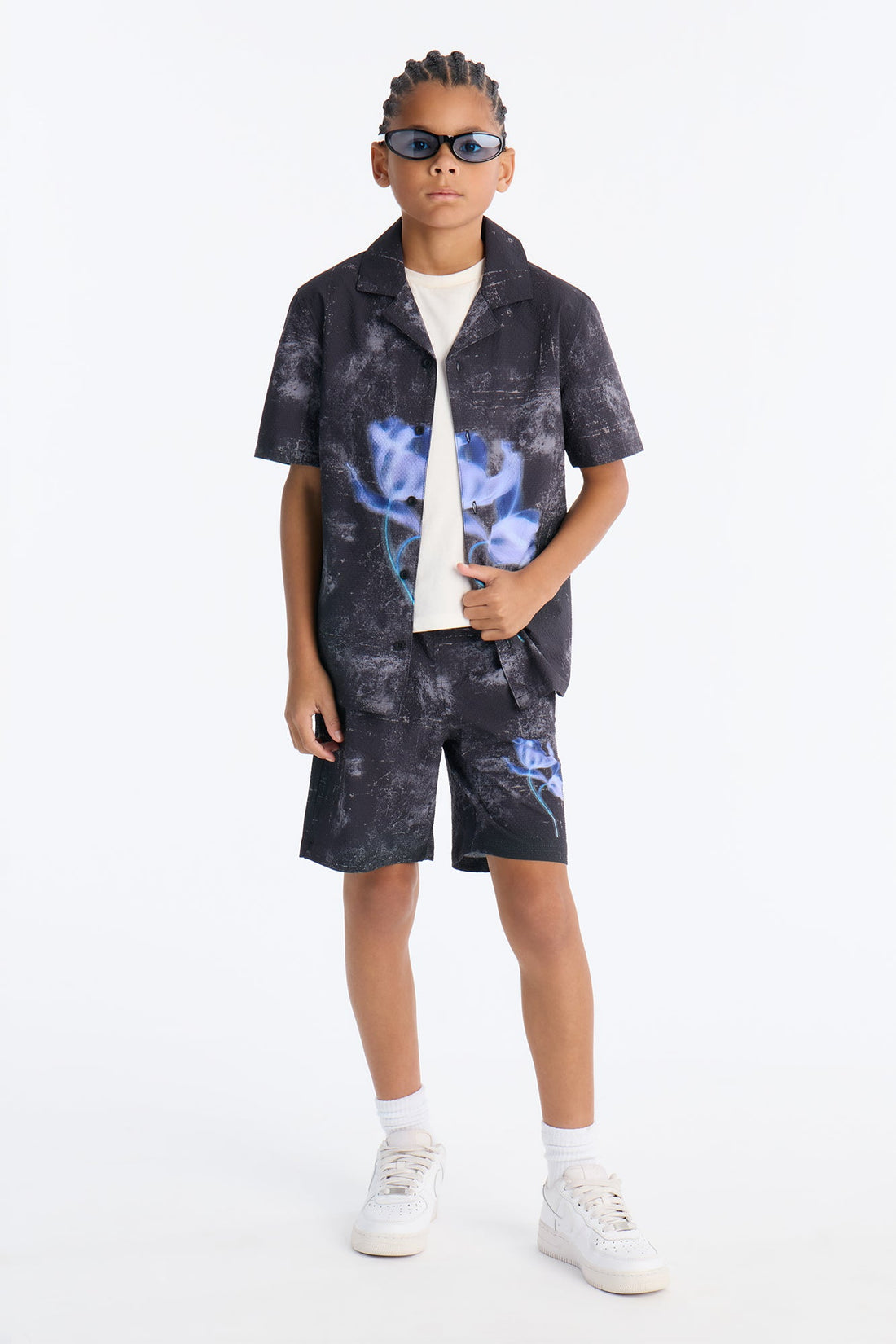 Mini Relaxed Violetstatic Seersucker Cuban Collar Button Up Shirt - Black