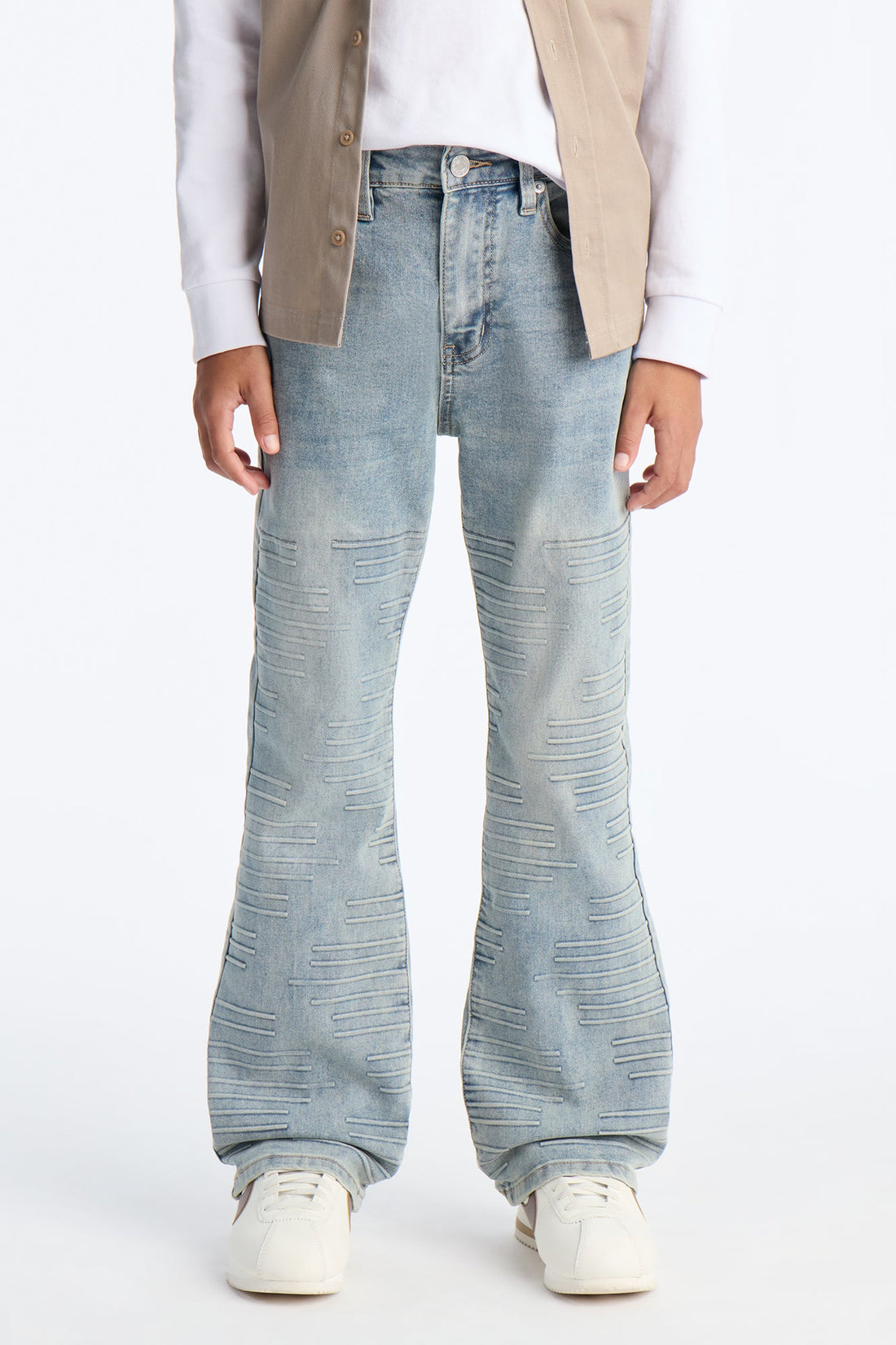 Mini Stacked Skinny Flare Embossed Vertigo Line Jean - Light Wash