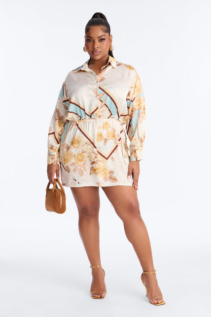 Madeleine Long Sleeve Satin Mini Dress - Ivory/combo