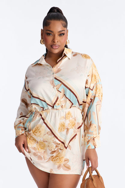 Madeleine Long Sleeve Satin Mini Dress - Ivory/combo