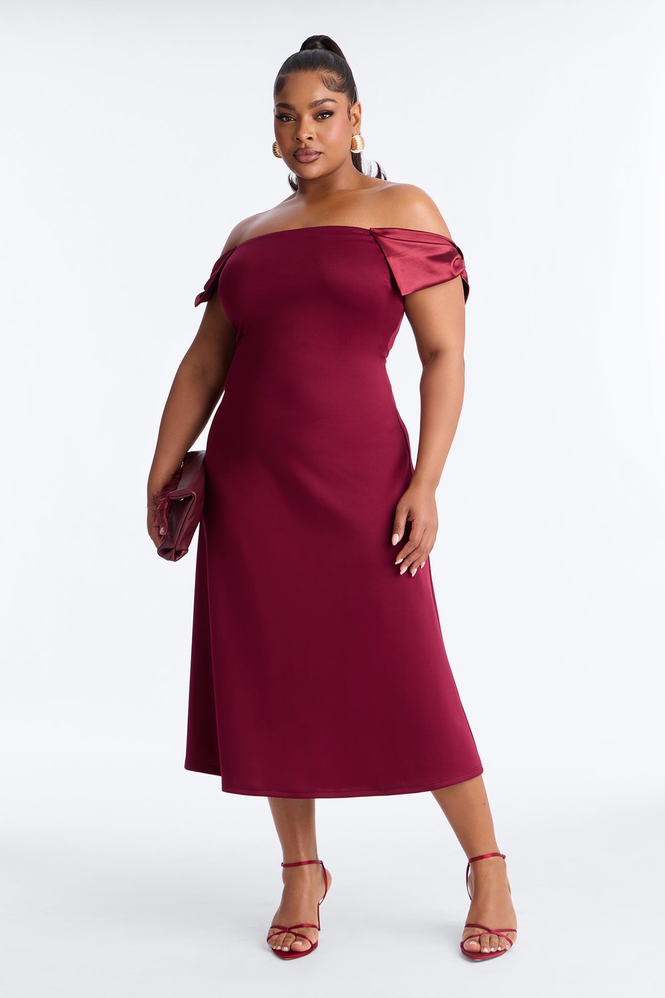 Wrap Me In A Bow Off Shoulder Scuba Midi Dress - Burgundy