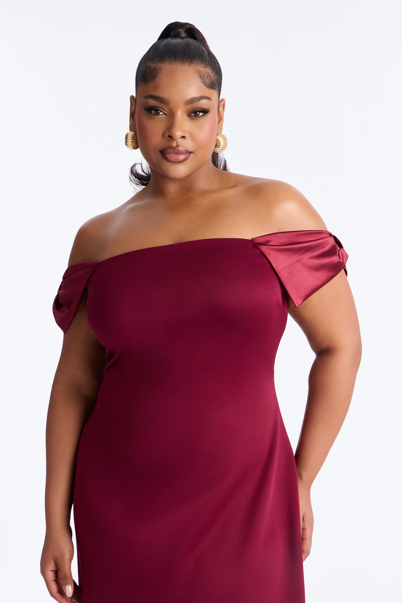Wrap Me In A Bow Off Shoulder Scuba Midi Dress - Burgundy