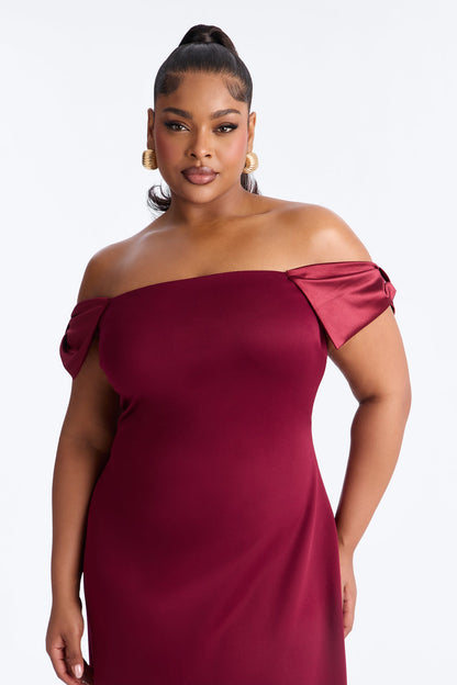 Wrap Me In A Bow Off Shoulder Scuba Midi Dress - Burgundy