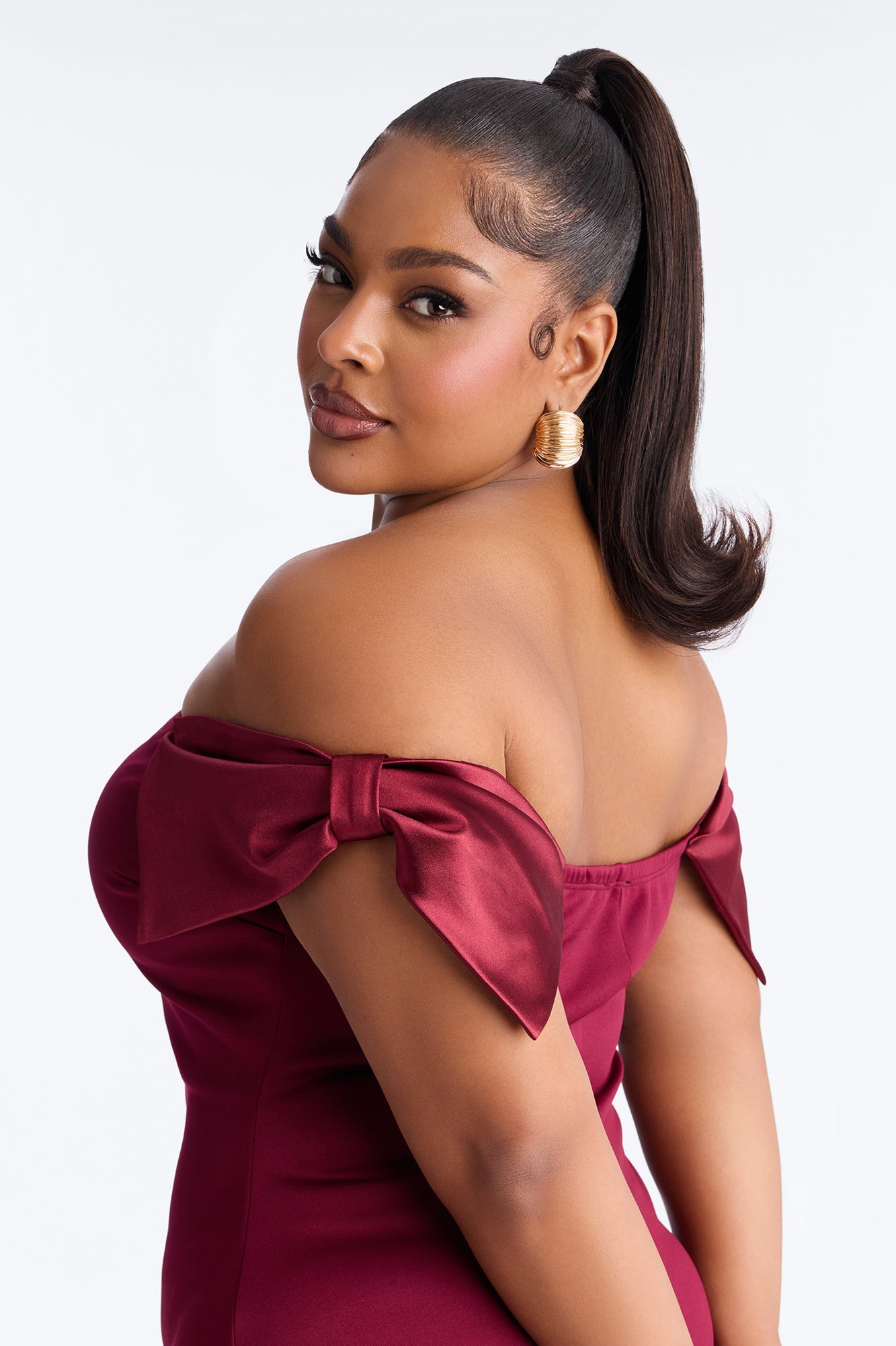 Wrap Me In A Bow Off Shoulder Scuba Midi Dress - Burgundy