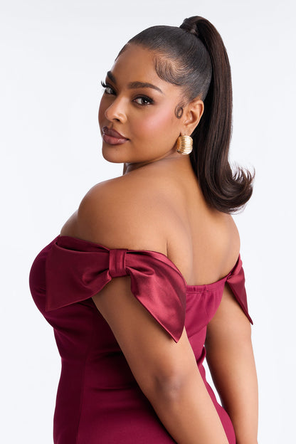Wrap Me In A Bow Off Shoulder Scuba Midi Dress - Burgundy