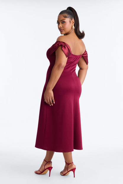 Wrap Me In A Bow Off Shoulder Scuba Midi Dress - Burgundy