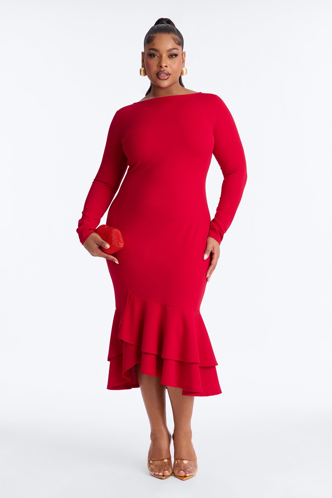 Bianca Long Sleeve Peplum Midi Dress - Red