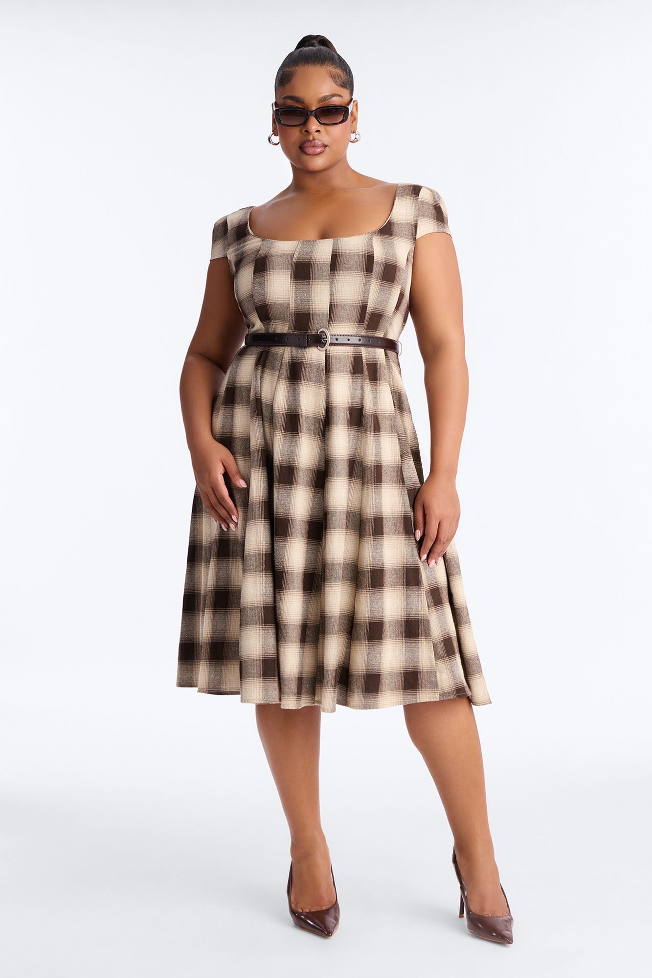 Alaina Belted Plaid Midi Dress - Brown