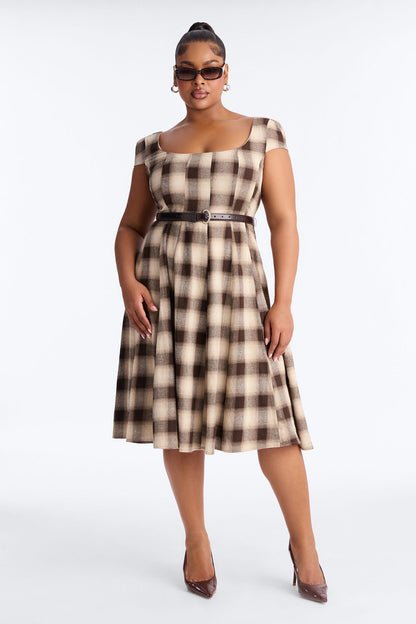 Alaina Belted Plaid Midi Dress - Brown