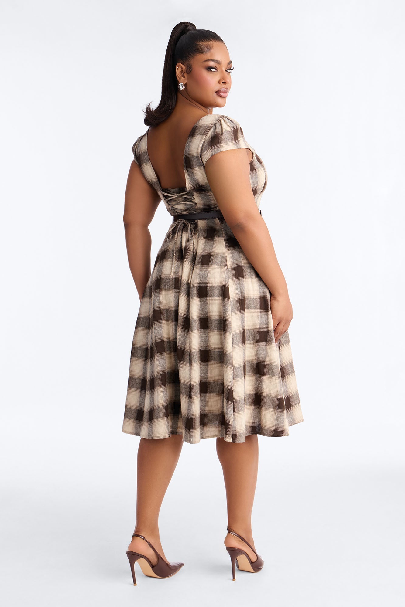 Alaina Belted Plaid Midi Dress - Brown