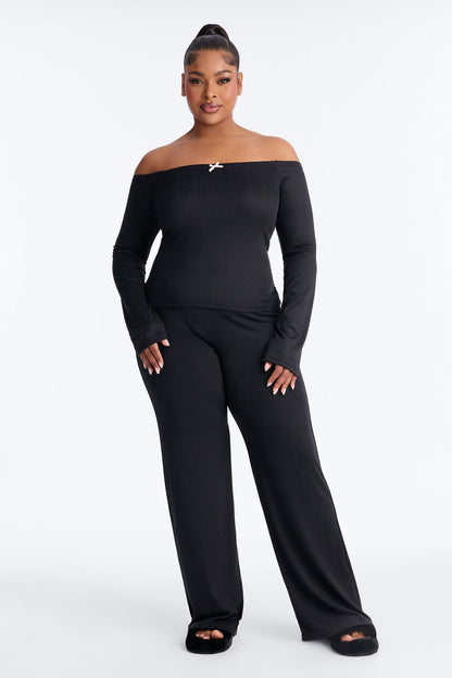 Romance Dreams Off Shoulder Pointelle PJ Pant Set - Black