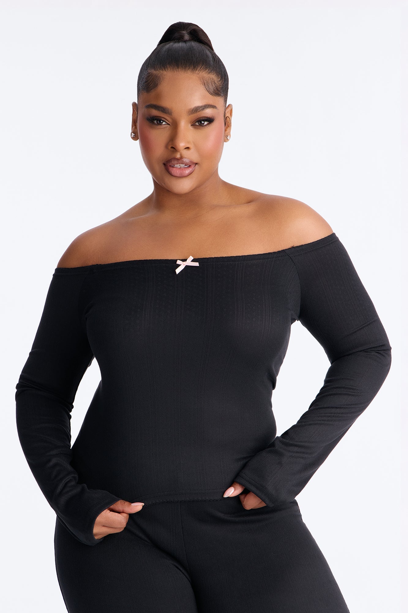 Romance Dreams Off Shoulder Pointelle PJ Pant Set - Black