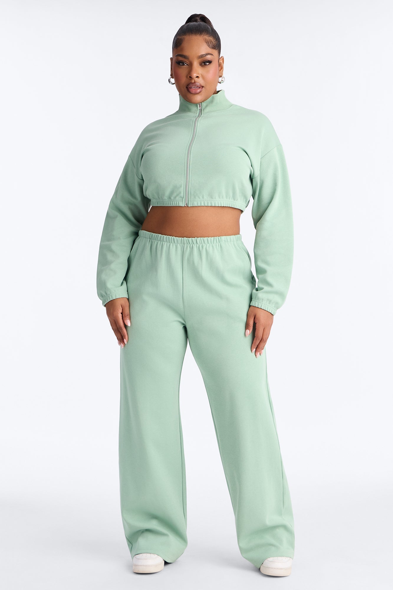 Audrina Funnel Neck Cropped Bomber Pant Set - Sage