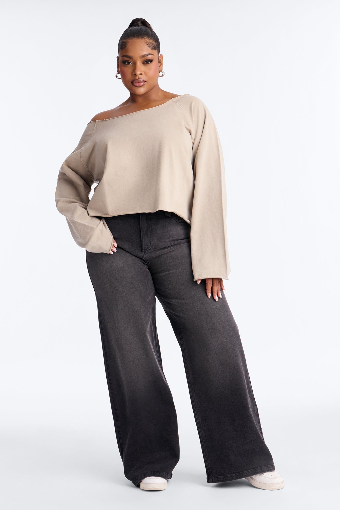Keep It Cute Off Shoulder Sweatshirt - Stone