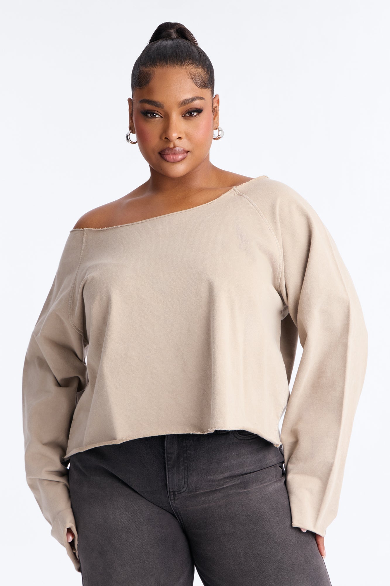 Keep It Cute Off Shoulder Sweatshirt - Stone