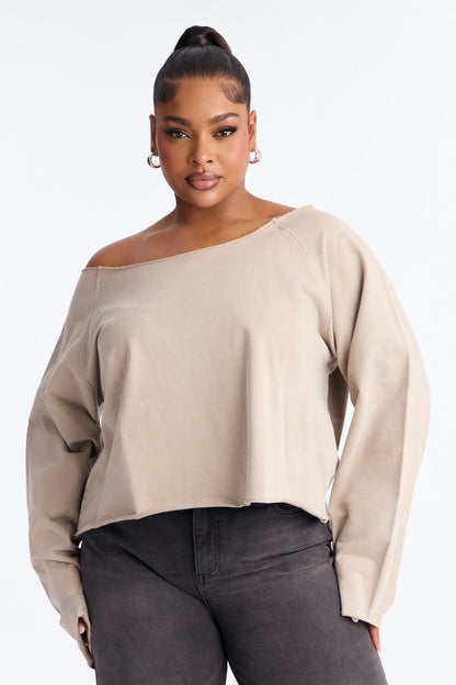 Keep It Cute Off Shoulder Sweatshirt - Stone