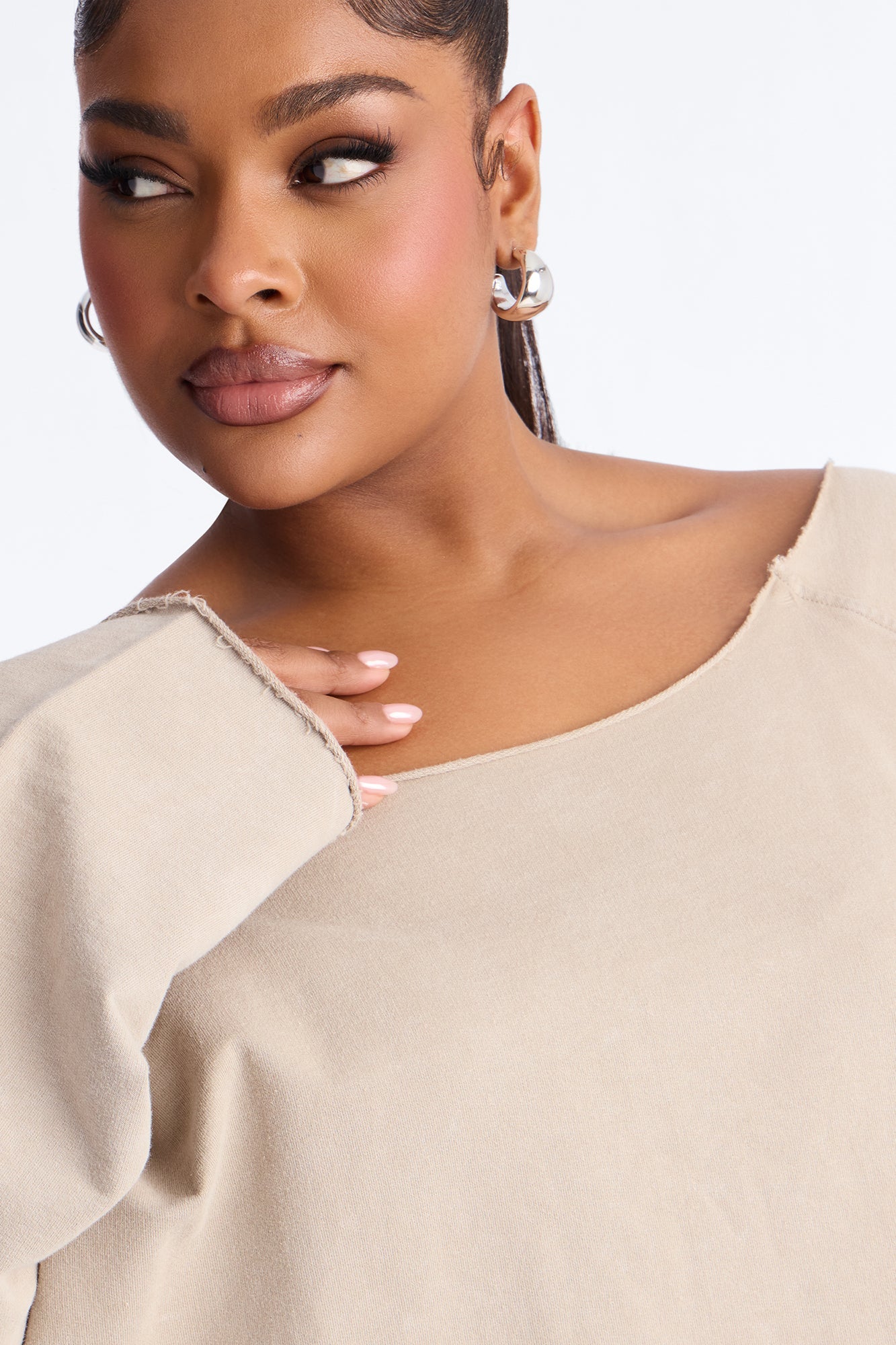 Keep It Cute Off Shoulder Sweatshirt - Stone