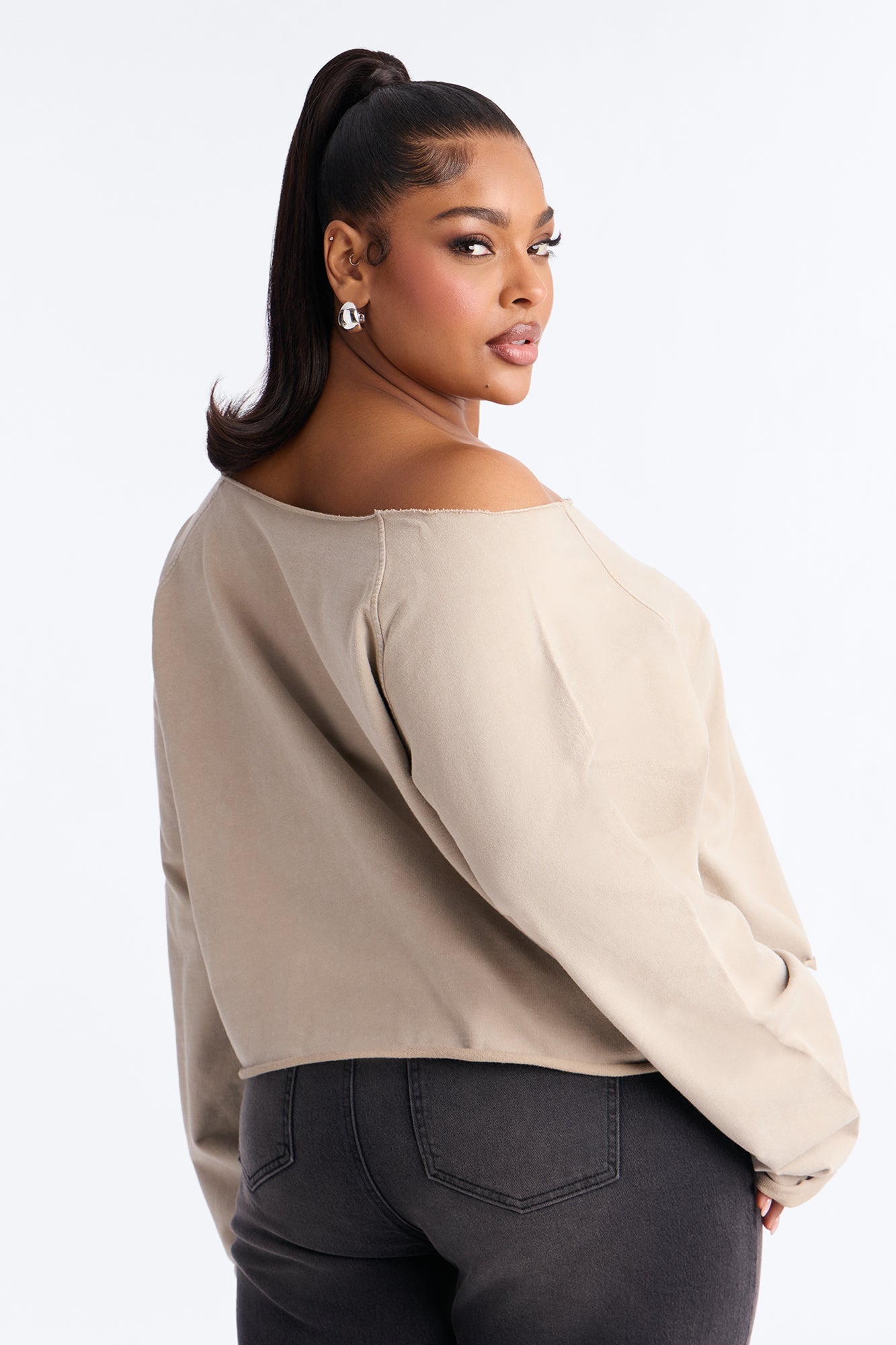 Keep It Cute Off Shoulder Sweatshirt - Stone