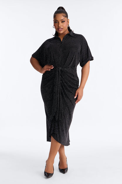 City Mood Rhinestone Slinky Midi Dress - Black