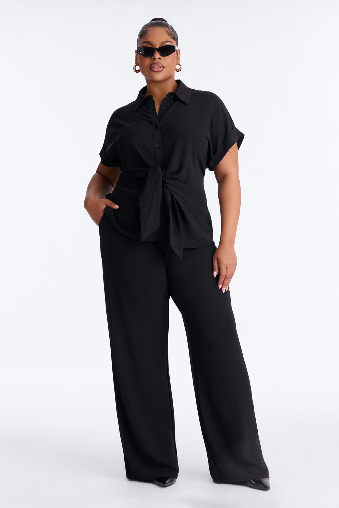 Makela Tie Front Wide Leg Pant Set - Black