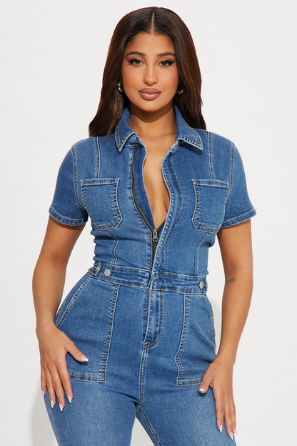Fair And Square Denim Jumpsuit - Medium Wash