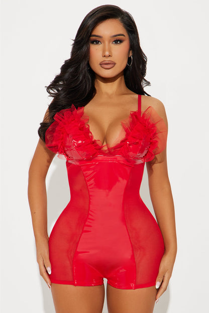 Heat Wave Ruffled Mesh Vinyl Romper - Red