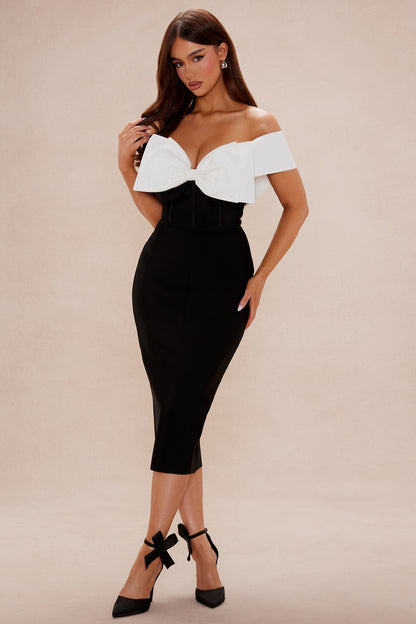 Kalia Off Shoulder Bandage Midi Dress - Black/White