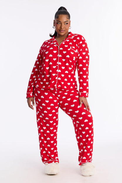 Heart Skips A Beat Long Sleeve PJ Pant Set - Red/White